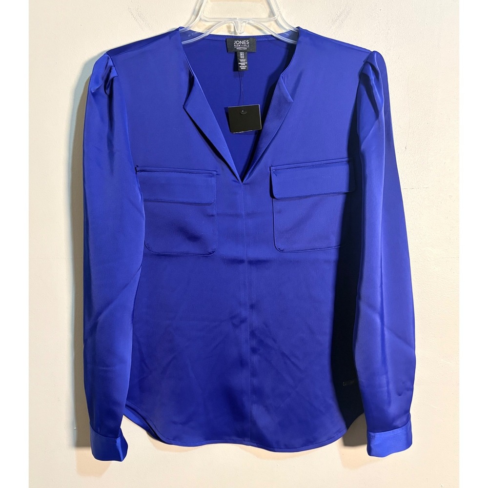 Jones New York Signature‎ Royal Blue Satin Puff Shoulder V-Neck Blouse Small NWT